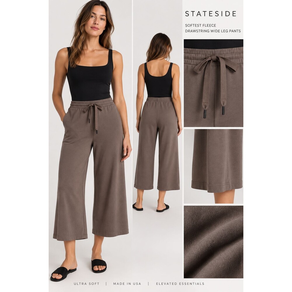 Stateside Softest Fleece Drawstring Wide Leg Crop Pants M Taupe Modal